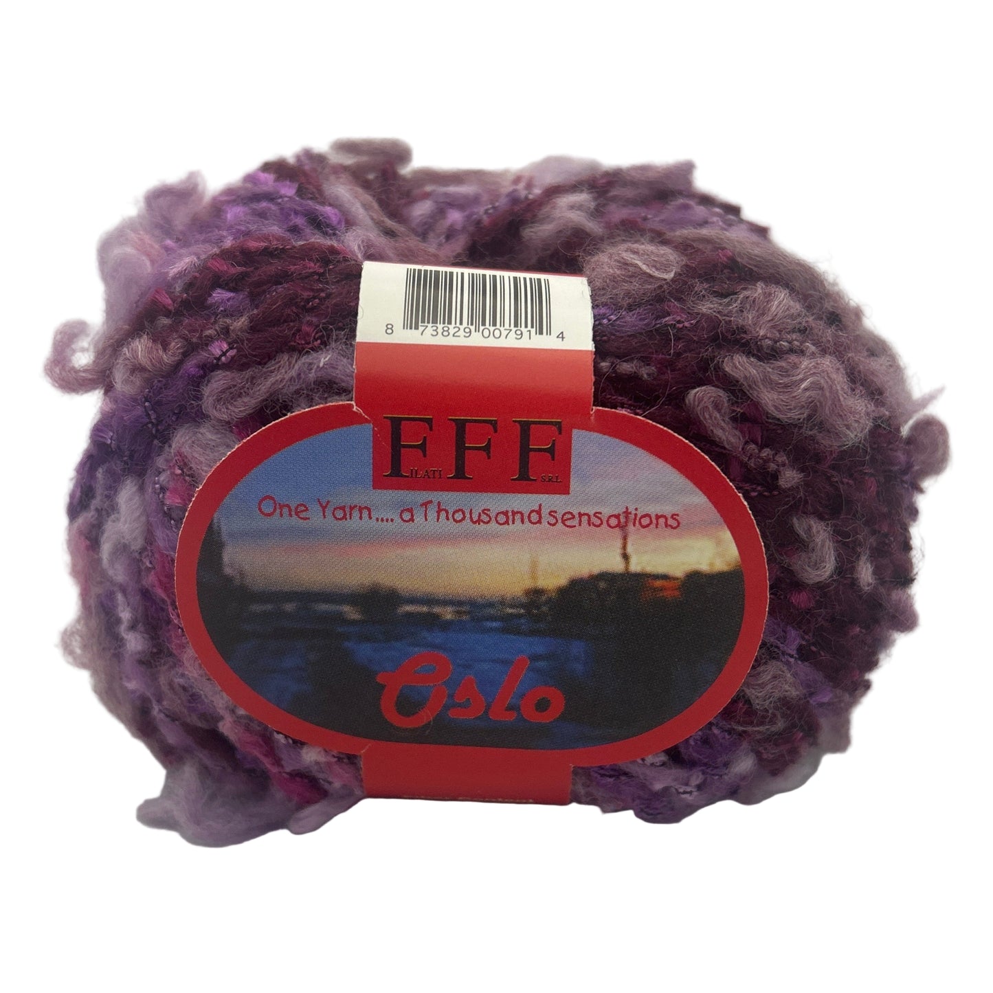 Ball of purple yarn with a label on a white background
