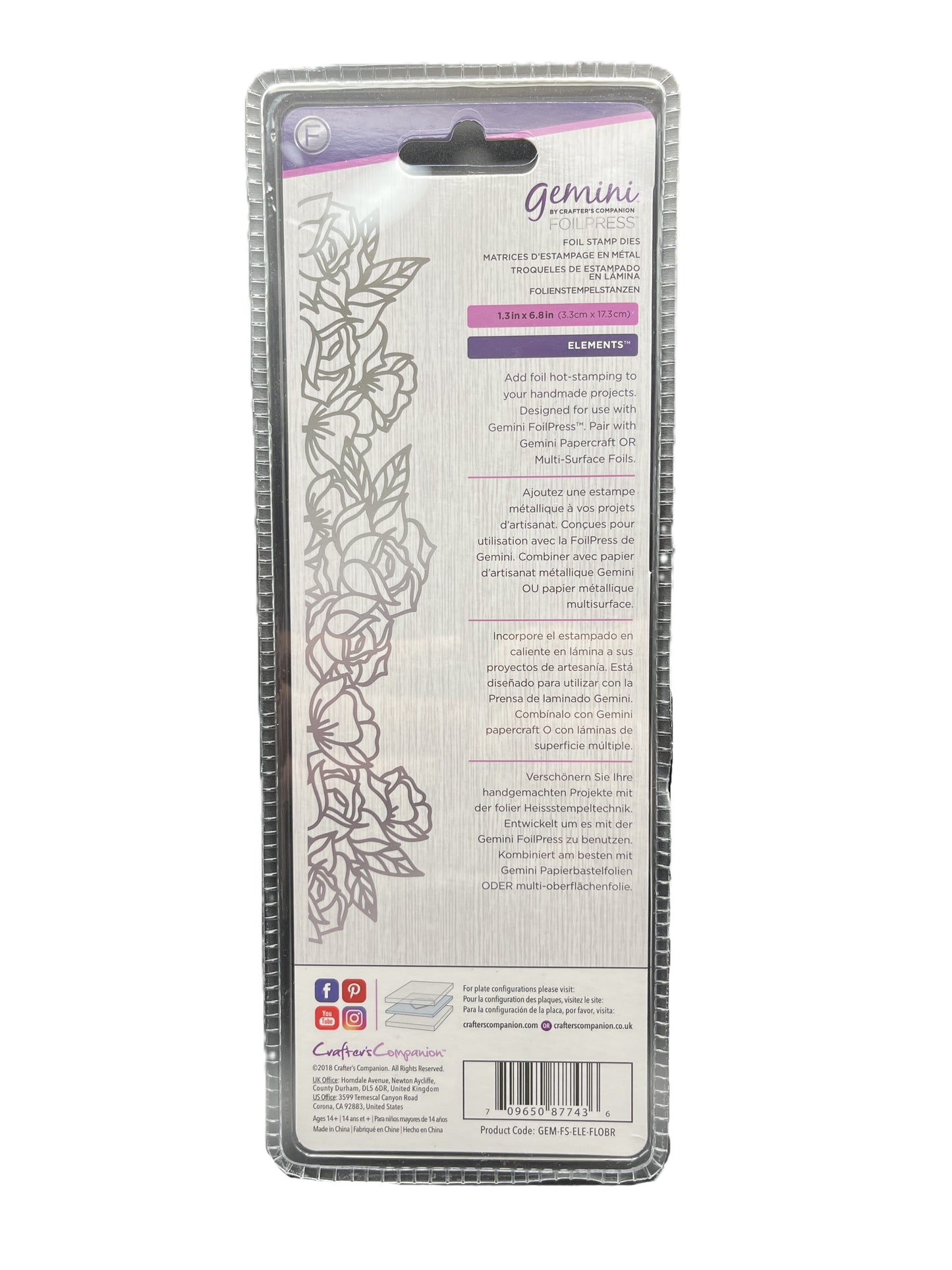 Packaging of Gemini dies with floral design on a white background