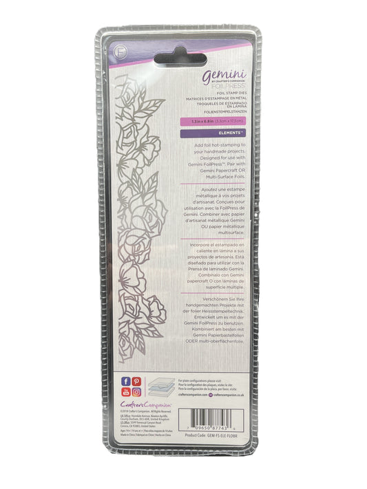 Packaging of Gemini dies with floral design on a white background