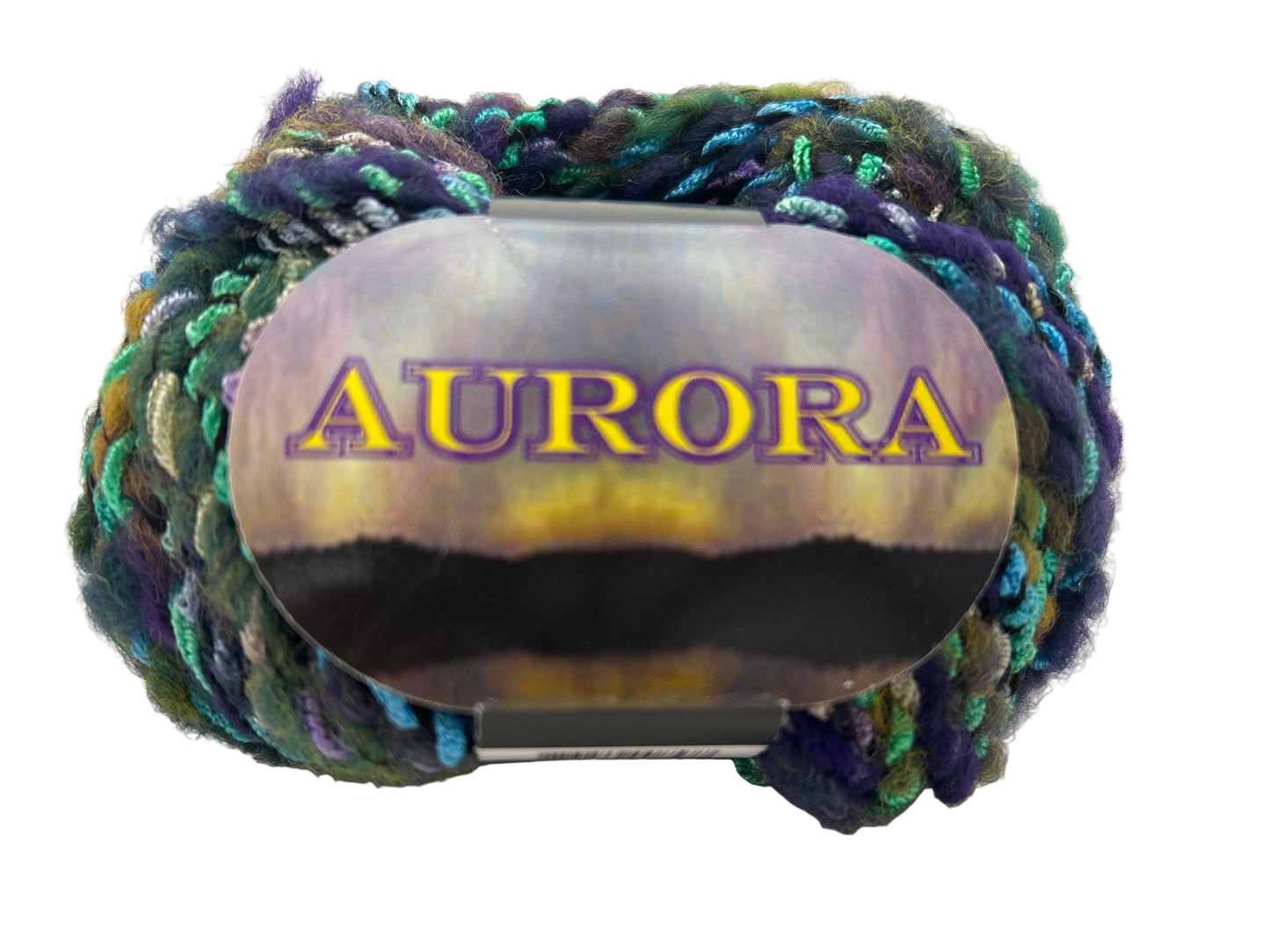 Multicolored yarn ball with 'AURORA' label on a white background