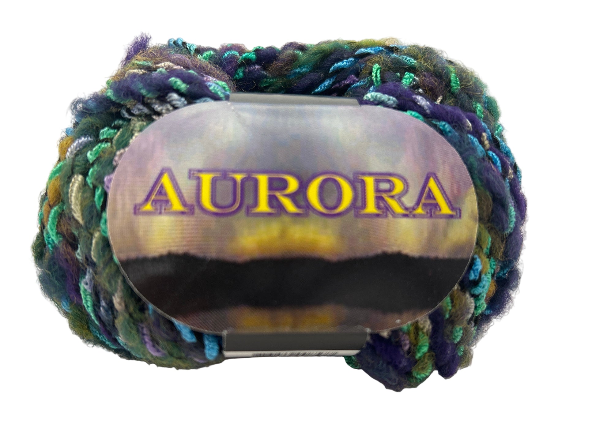 Multicolored yarn ball with 'AURORA' label on a white background