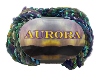 Multicolored yarn ball with 'AURORA' label on a white background