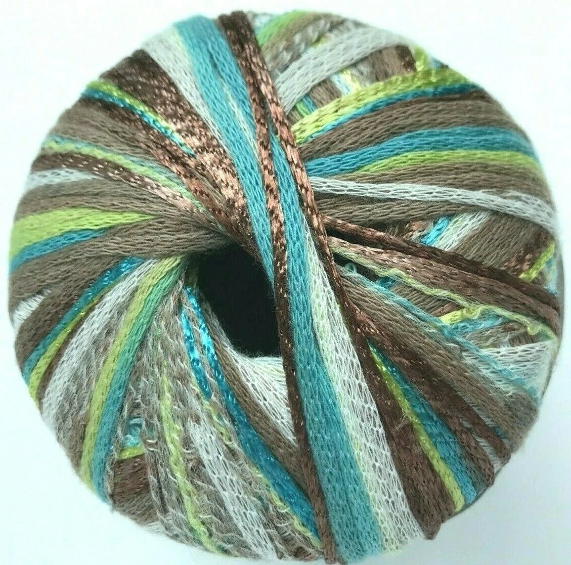 Multicolored yarn ball with brown, green, and blue stripes on a white background