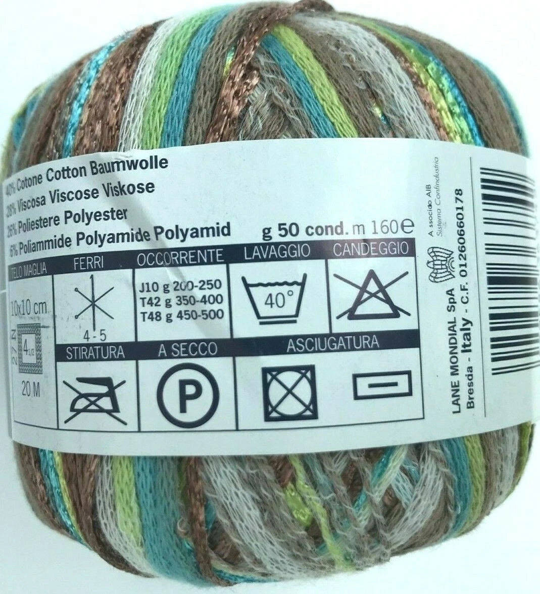Multicolored yarn ball with label on a white background
