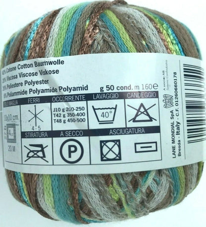 Multicolored yarn ball with label on a white background