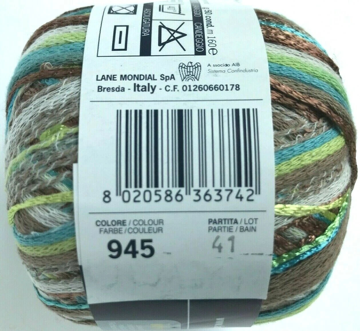 Multicolored yarn ball with a label on a white background