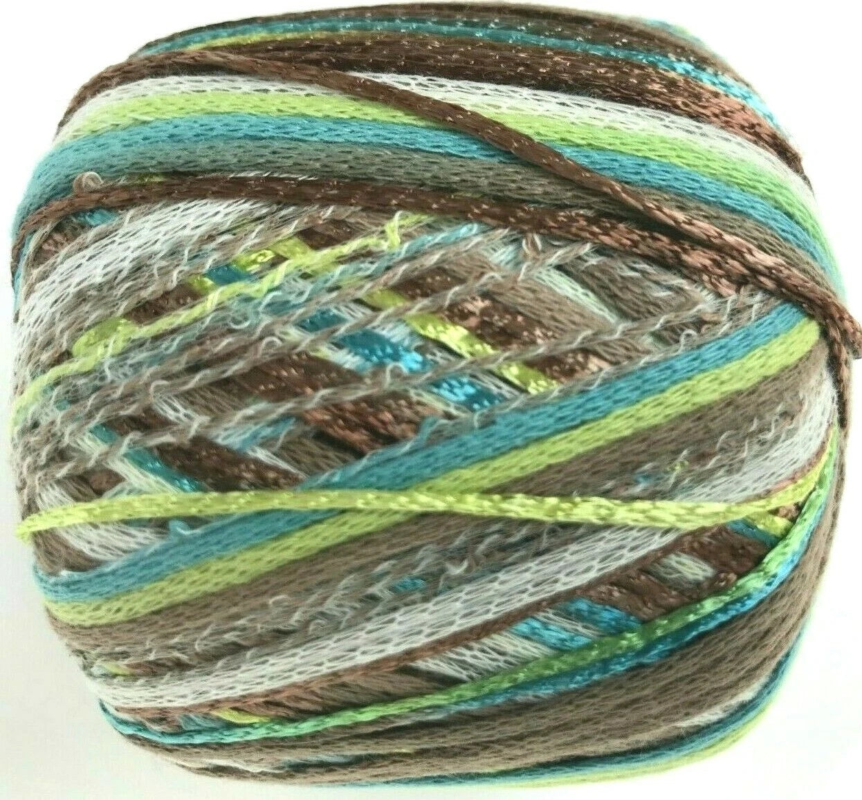 Multicolored yarn ball with brown, green, blue, and gray stripes on a white background