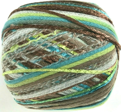 Multicolored yarn ball with brown, green, blue, and gray stripes on a white background