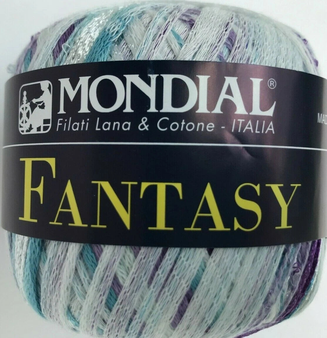 Multicolored yarn ball with Mondial label on a white background