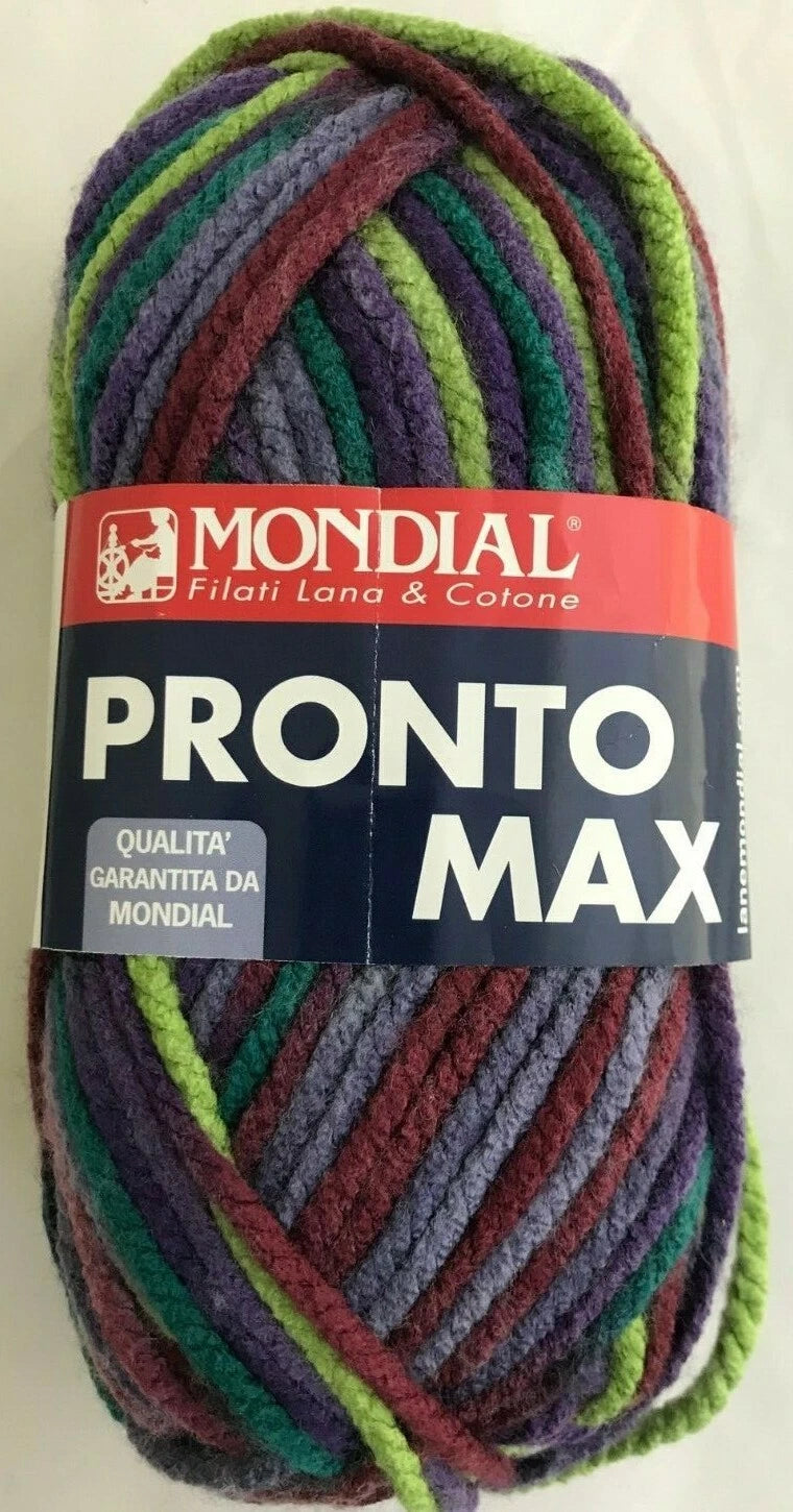 Multicolored skein of yarn with Mondial Pronto Max label on a white background