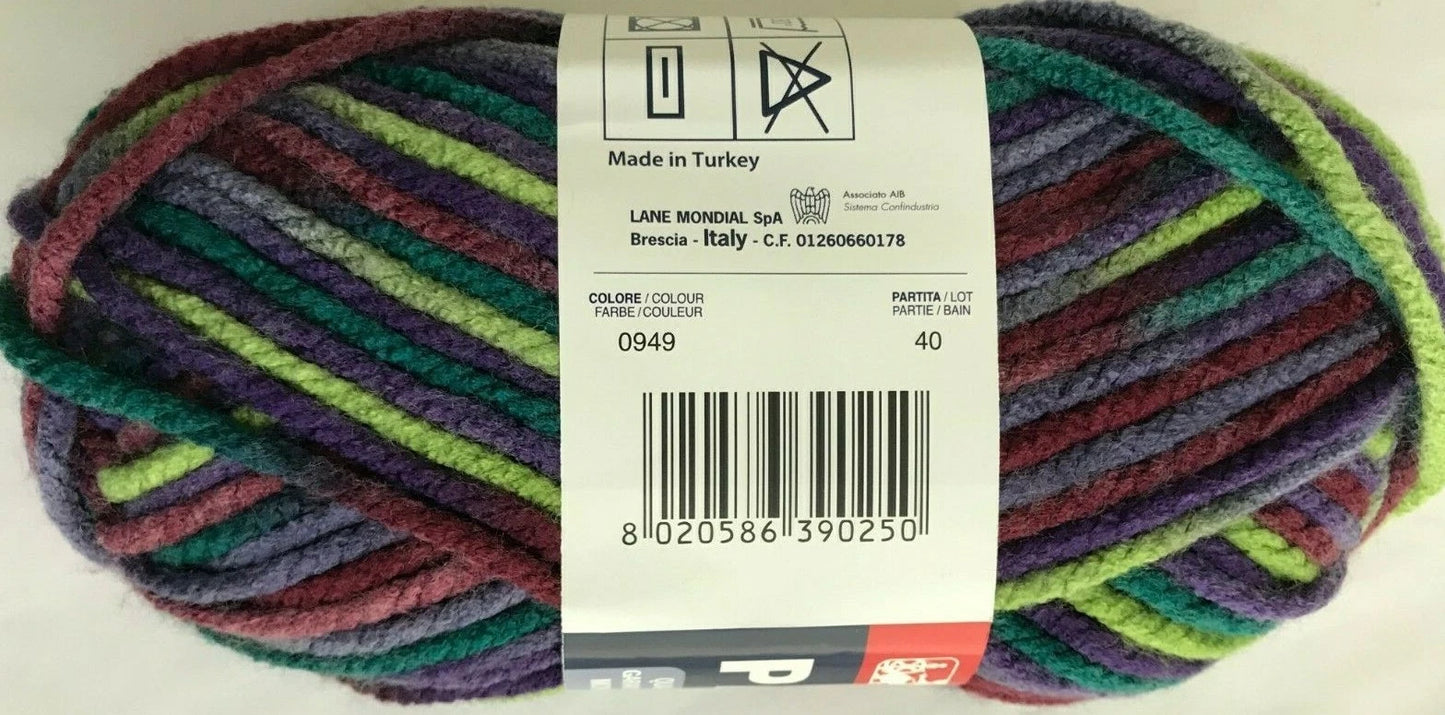 Multicolored yarn ball with a label on a white background