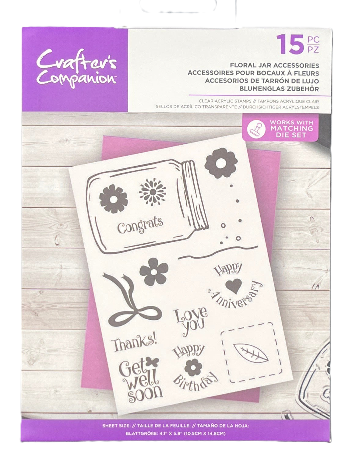 Floral jar accessories set with 'Crafters Companion' branding on a wooden surface.