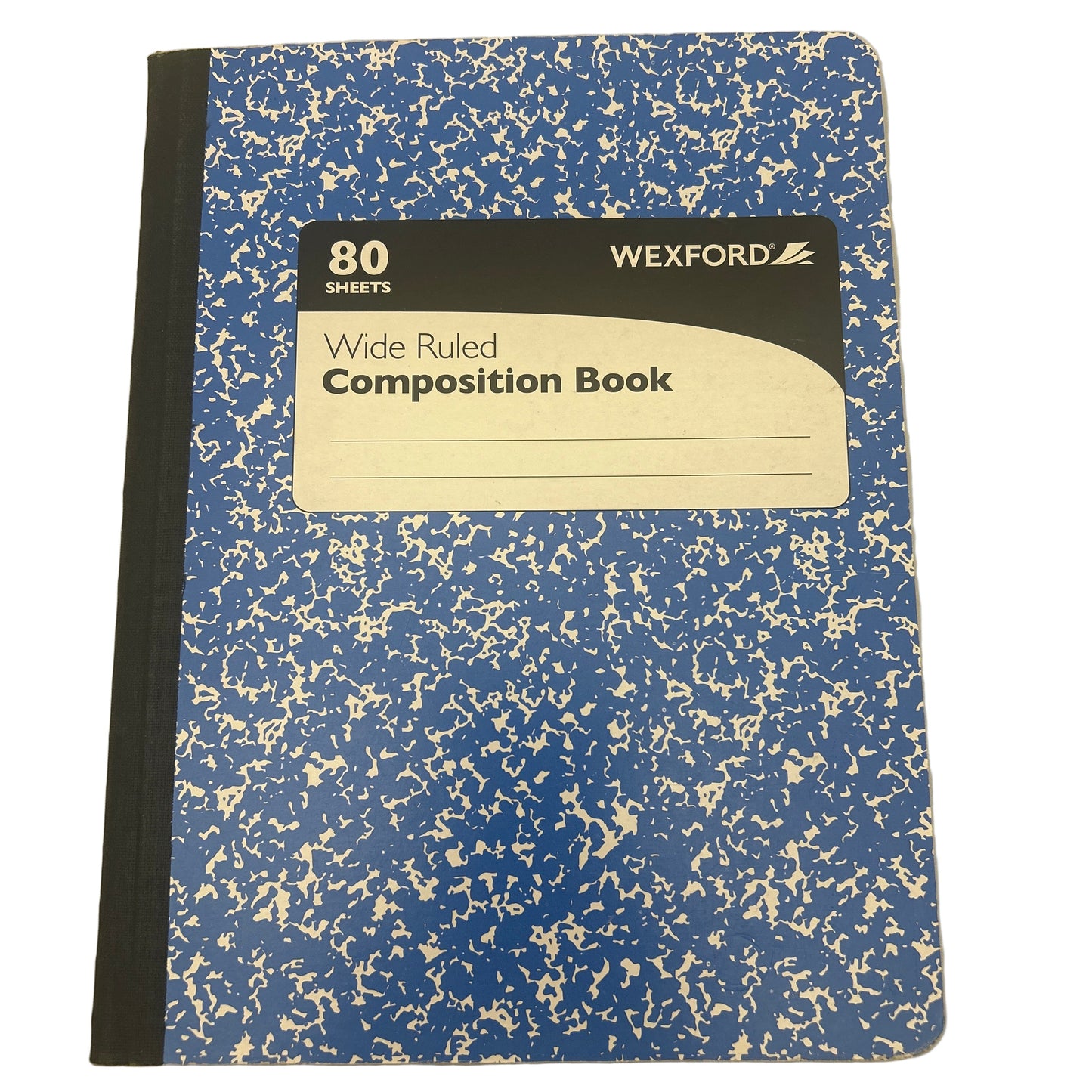 Blue composition book with Wexford branding on a white background