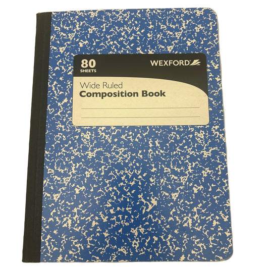 Blue composition book with Wexford branding on a white background