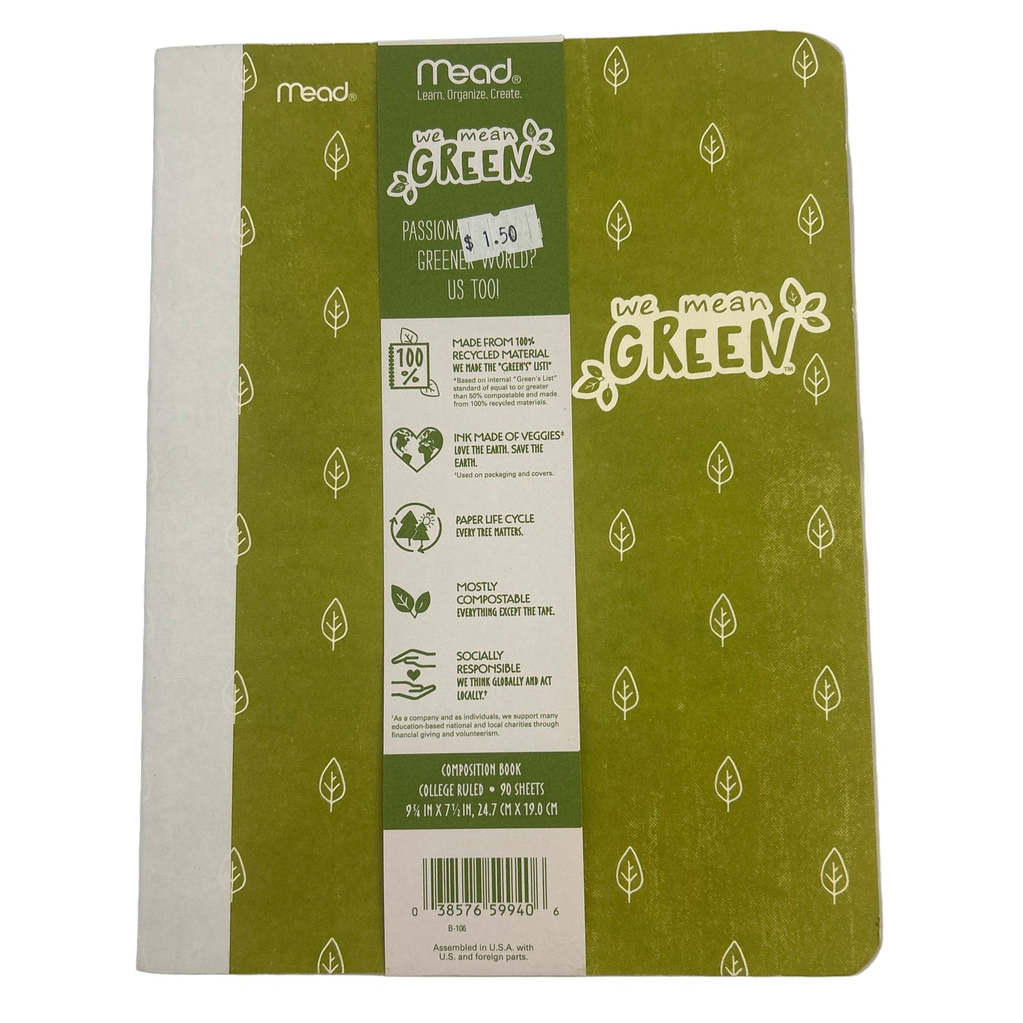 Green notebook with 'We Mean Green' branding on a white background