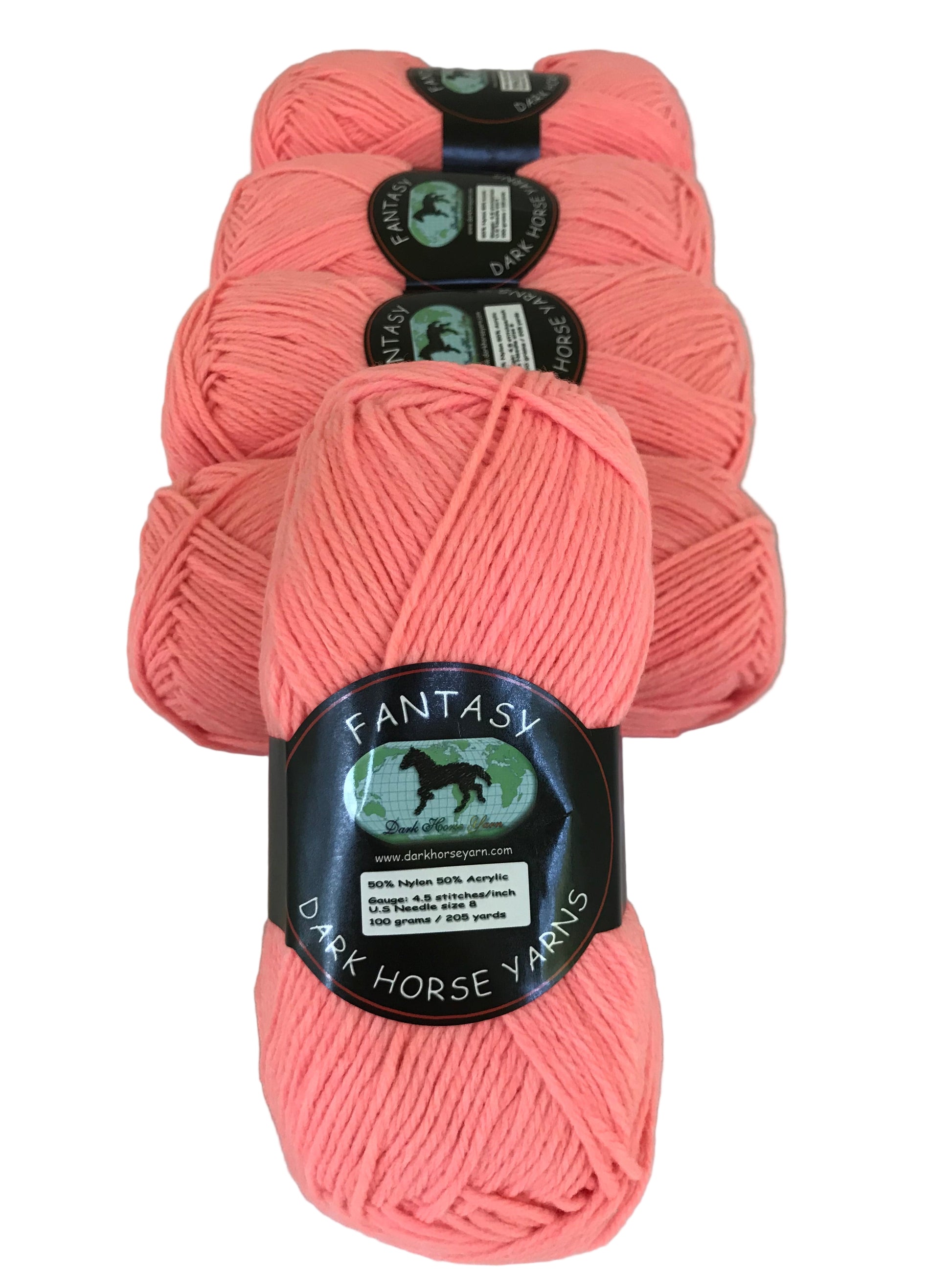Four skeins of pink yarn with 'Dark Horse Yarns' labels on a white background