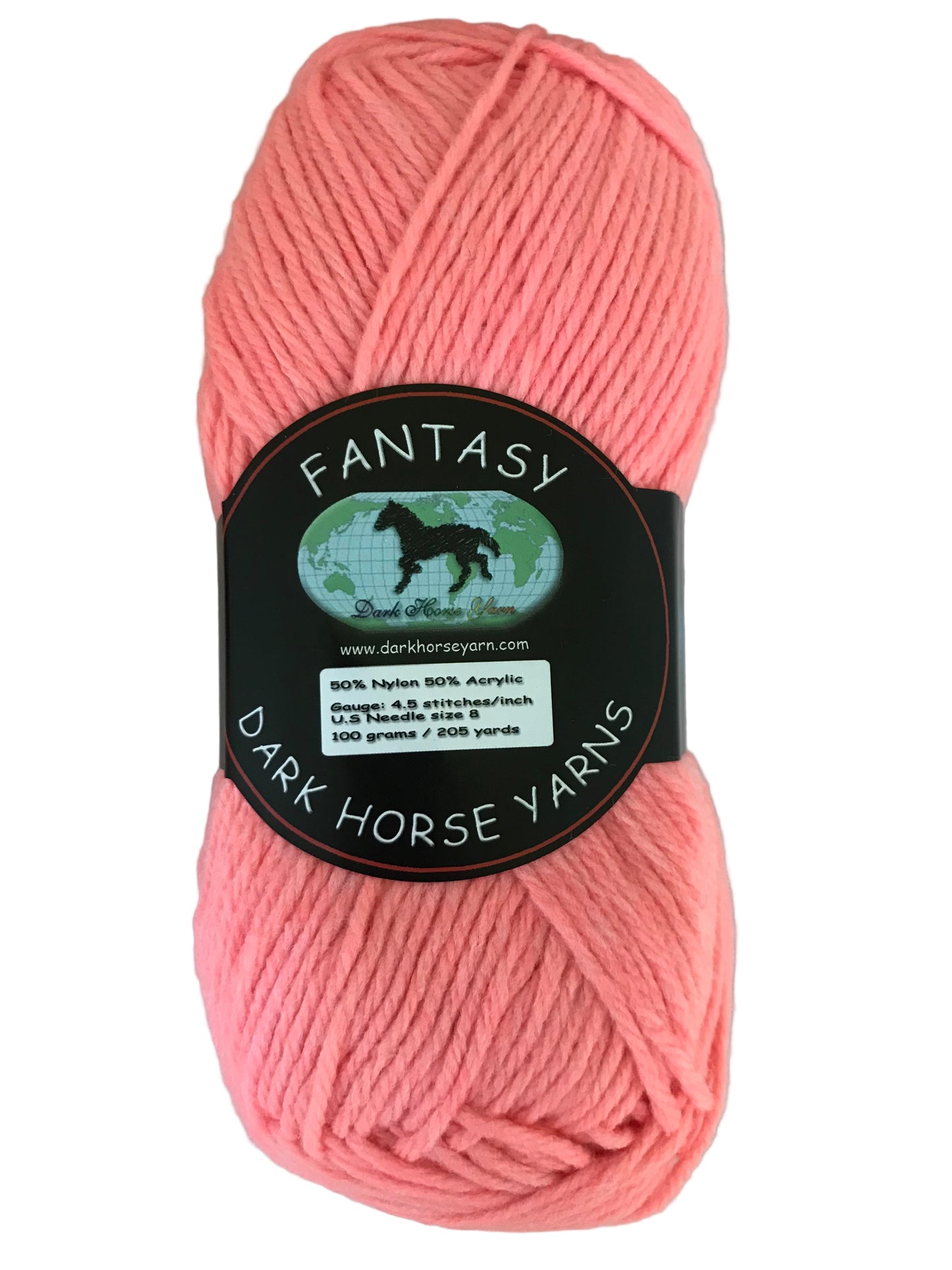Ball of pink yarn with a label on a light gray background