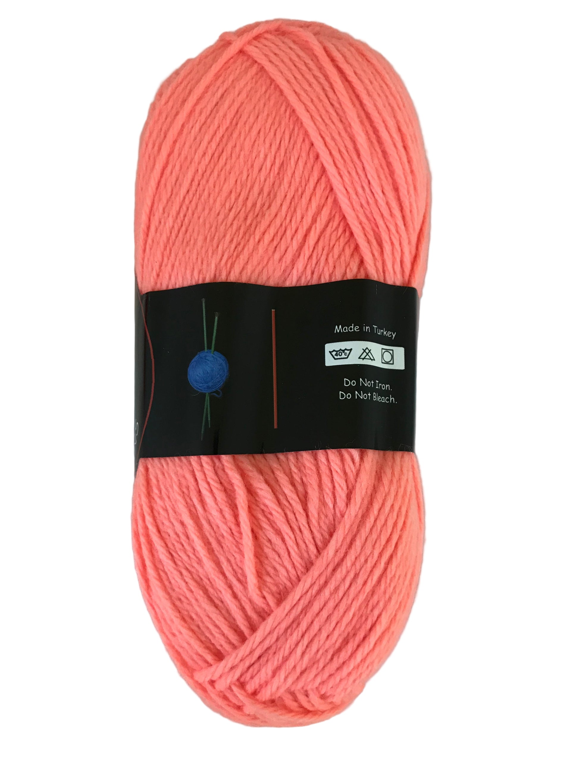 Peach-colored yarn ball with a label on a light gray background