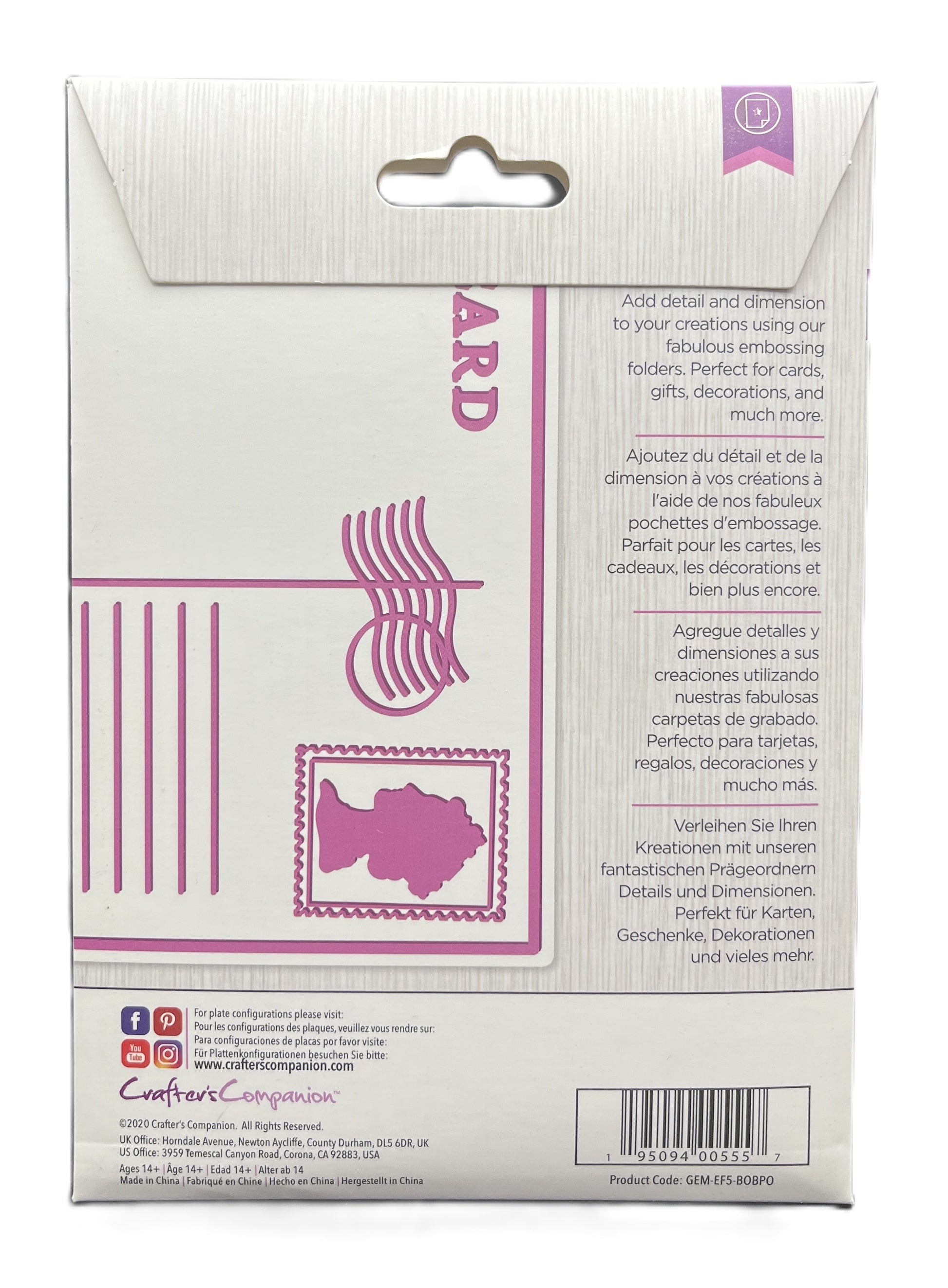 Cardboard packaging with pink graphics and text on a white background