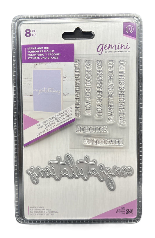 Packaged Gemini stamps and die set with text on a white background