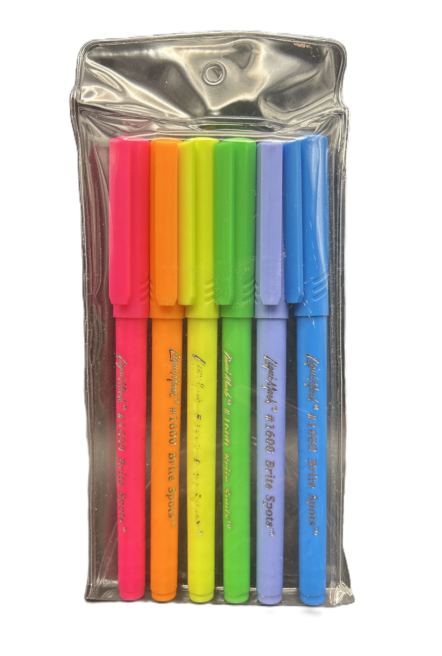 Set of colorful markers in a clear plastic case on a white background