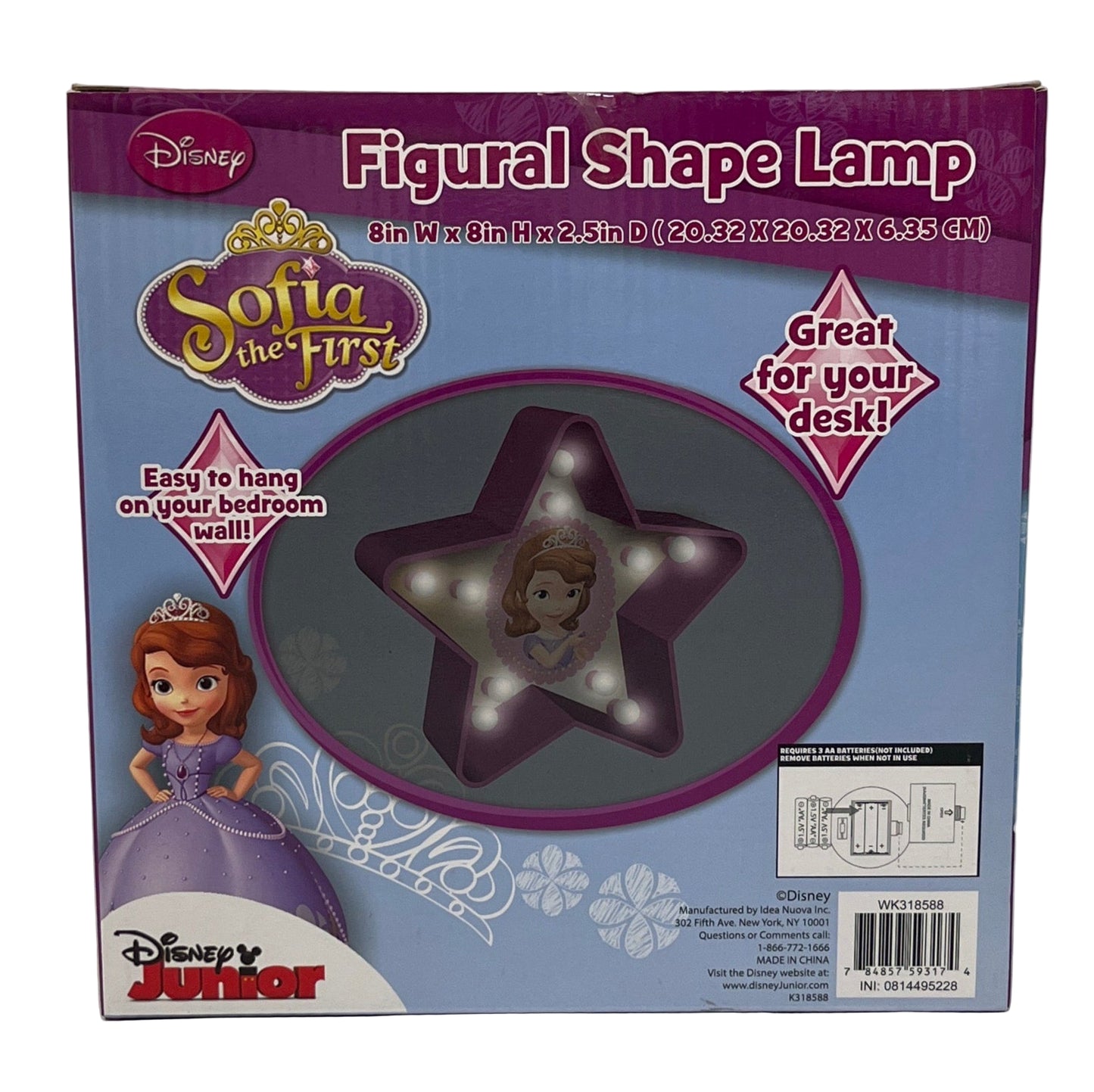 Disney Sofia the First figural shape lamp packaging with star design and Disney Junior branding.