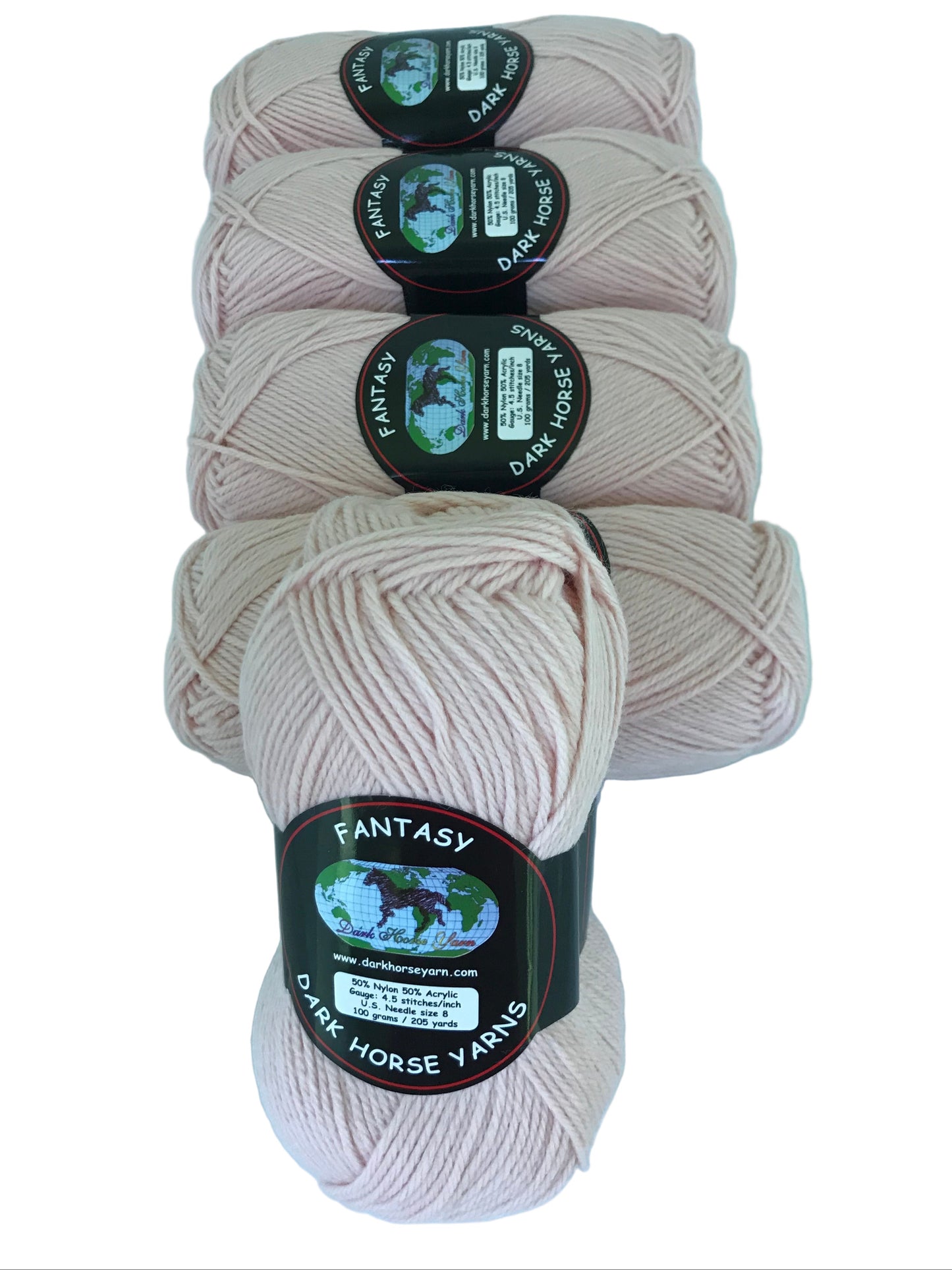 Five skeins of yarn with 'Fantasy' labels on a white background