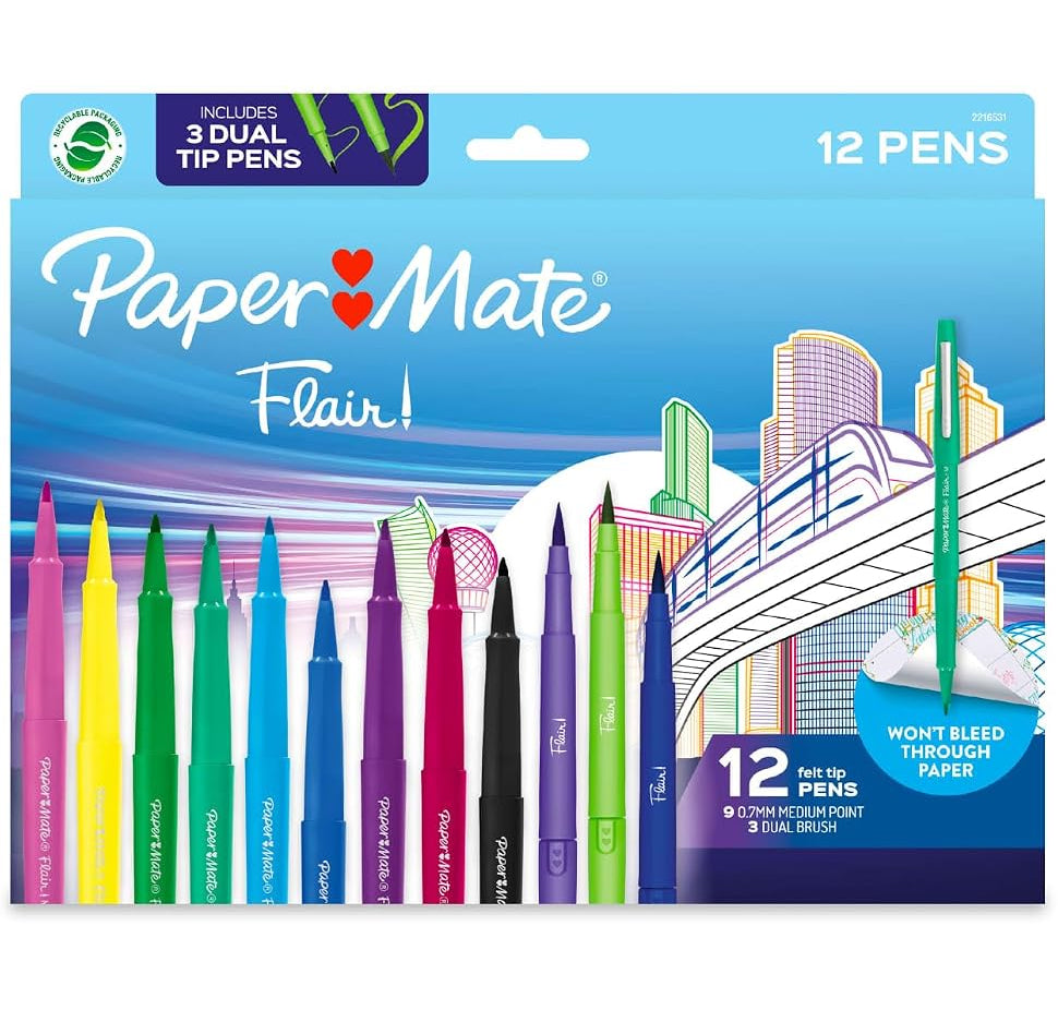 12 pc Papermate Flair Dual Tip Brush & Felt Markers