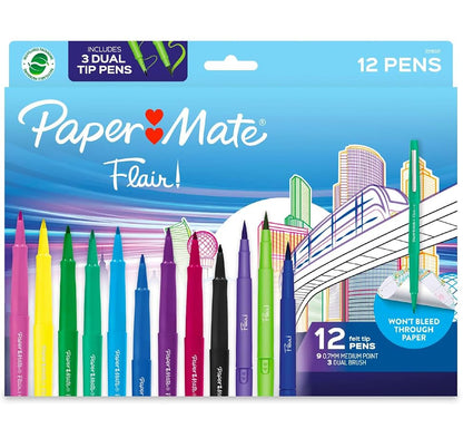 12 pc Papermate Flair Dual Tip Brush & Felt Markers