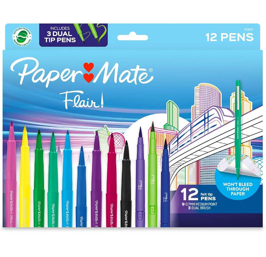 12 pc Papermate Flair Dual Tip Brush & Felt Markers