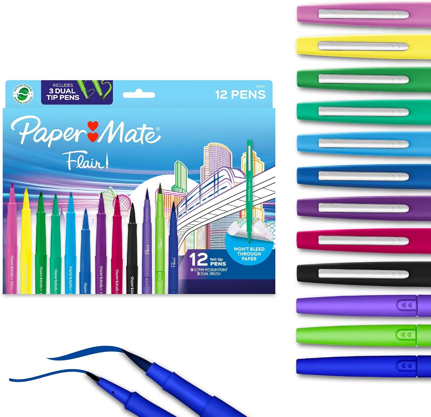 12 pc Papermate Flair Dual Tip Brush & Felt Markers