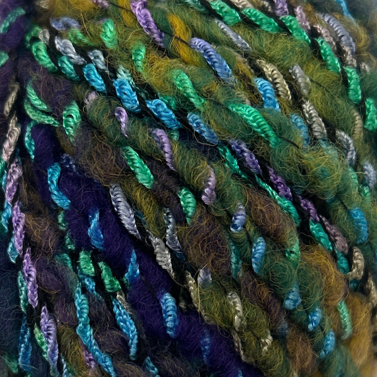 Close-up of multicolored yarn skeins with a focus on texture and color.