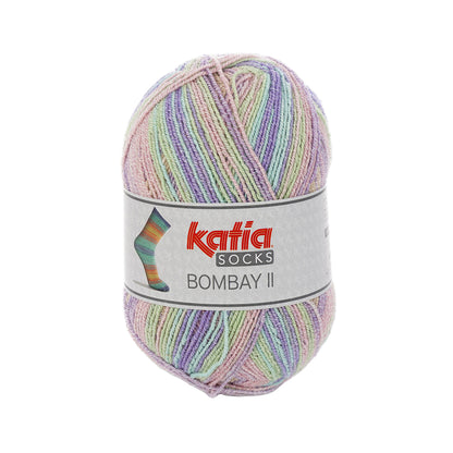 Multicolored skein of yarn with Katia label on a white background