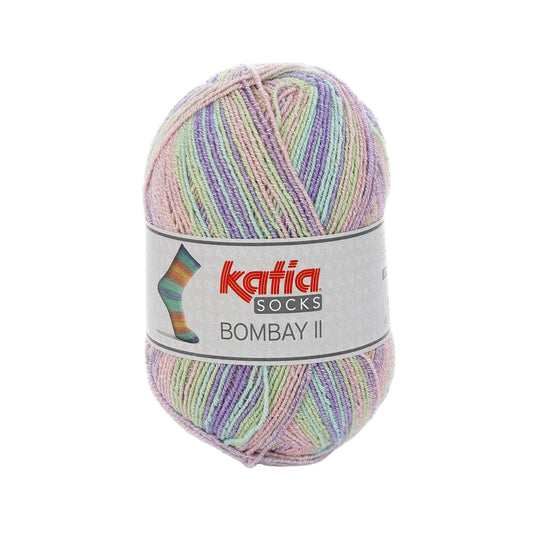 Multicolored skein of yarn with Katia label on a white background
