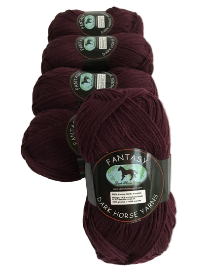 Five skeins of dark red yarn with 'Fantasy Dark Horse Yarns' labels on a white background.