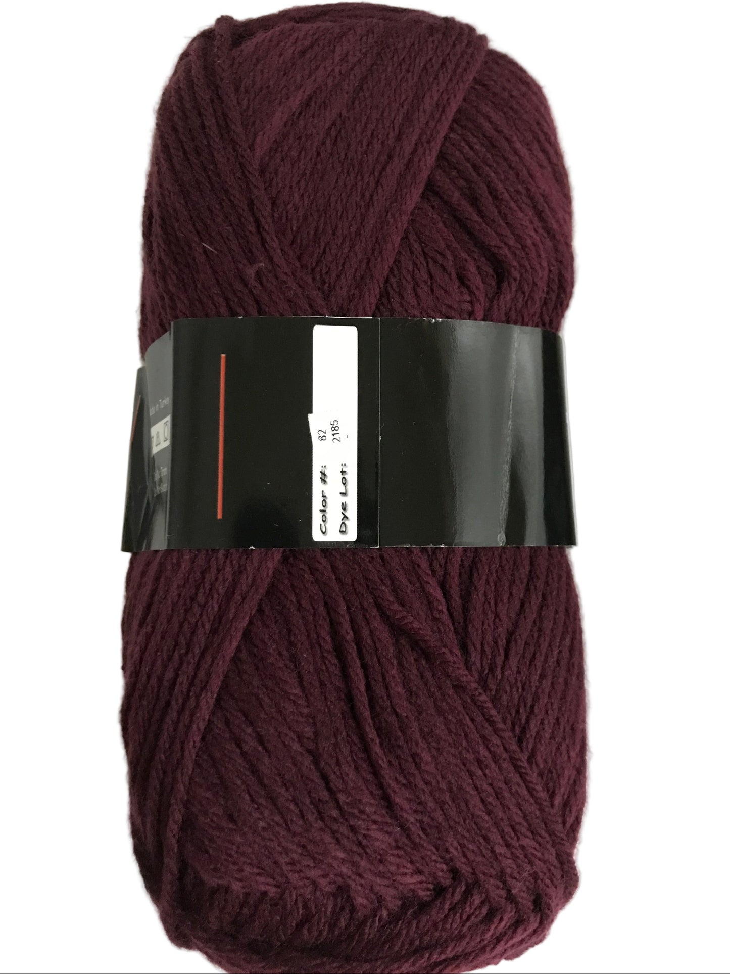 Burgundy skein of yarn with a label on a white background