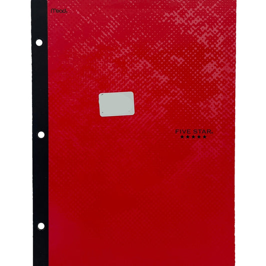 Red notebook with black binding and 'Five Star' branding on a white background