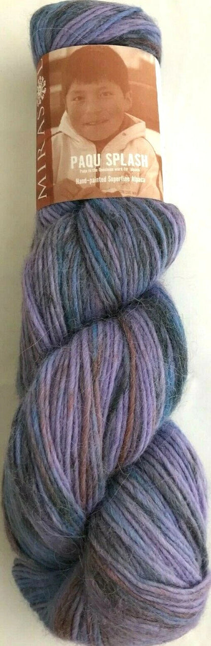 Multicolored yarn skein with a label featuring a child on a white background