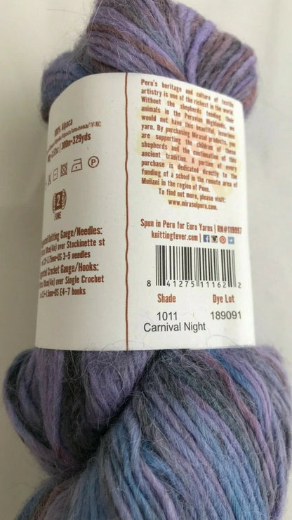 Multicolored yarn skein with a label on a white background