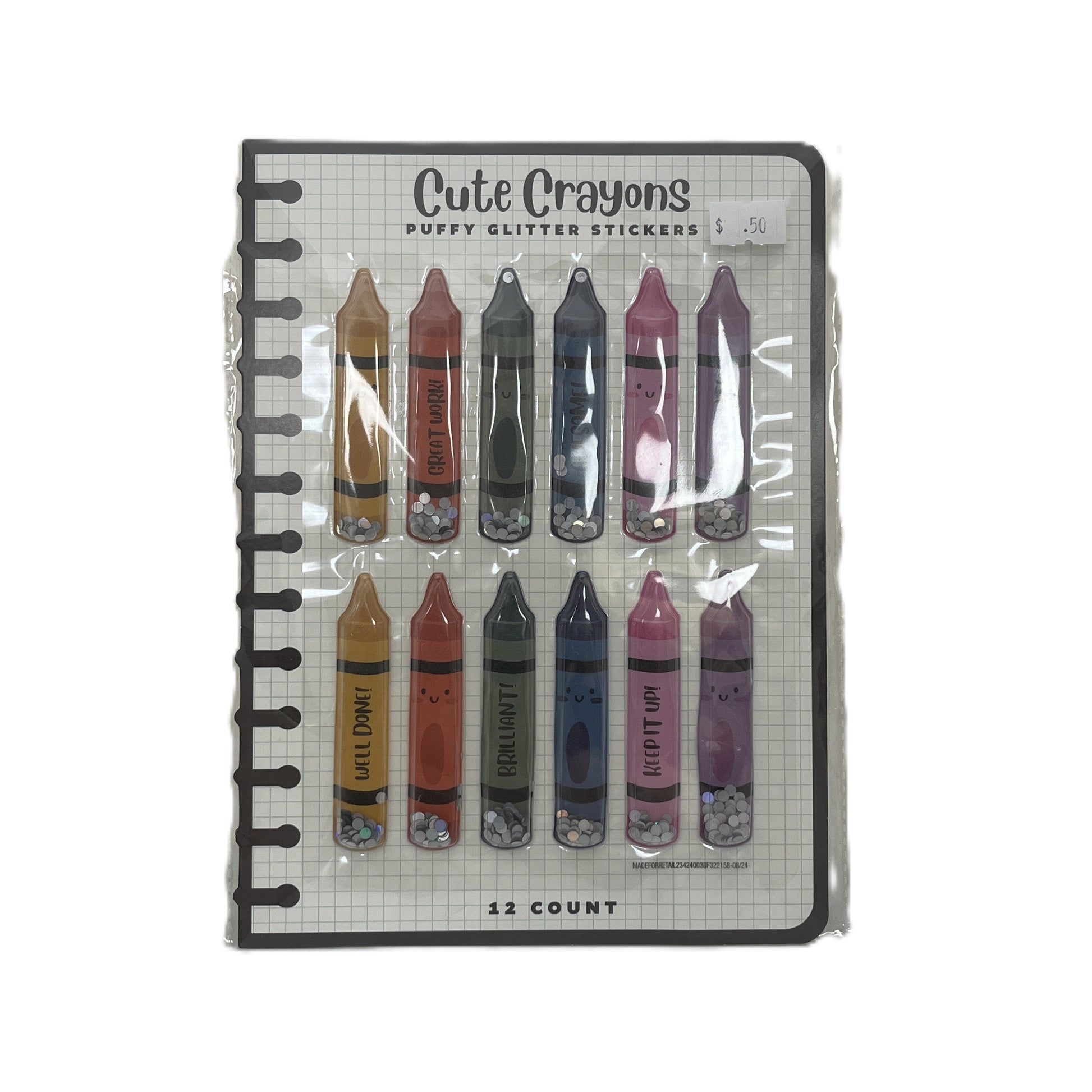 Set of glittery crayon stickers in a packaging on a white background