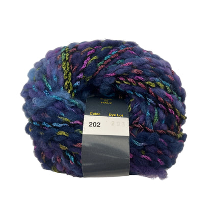 Multicolored yarn ball with a label on a white background