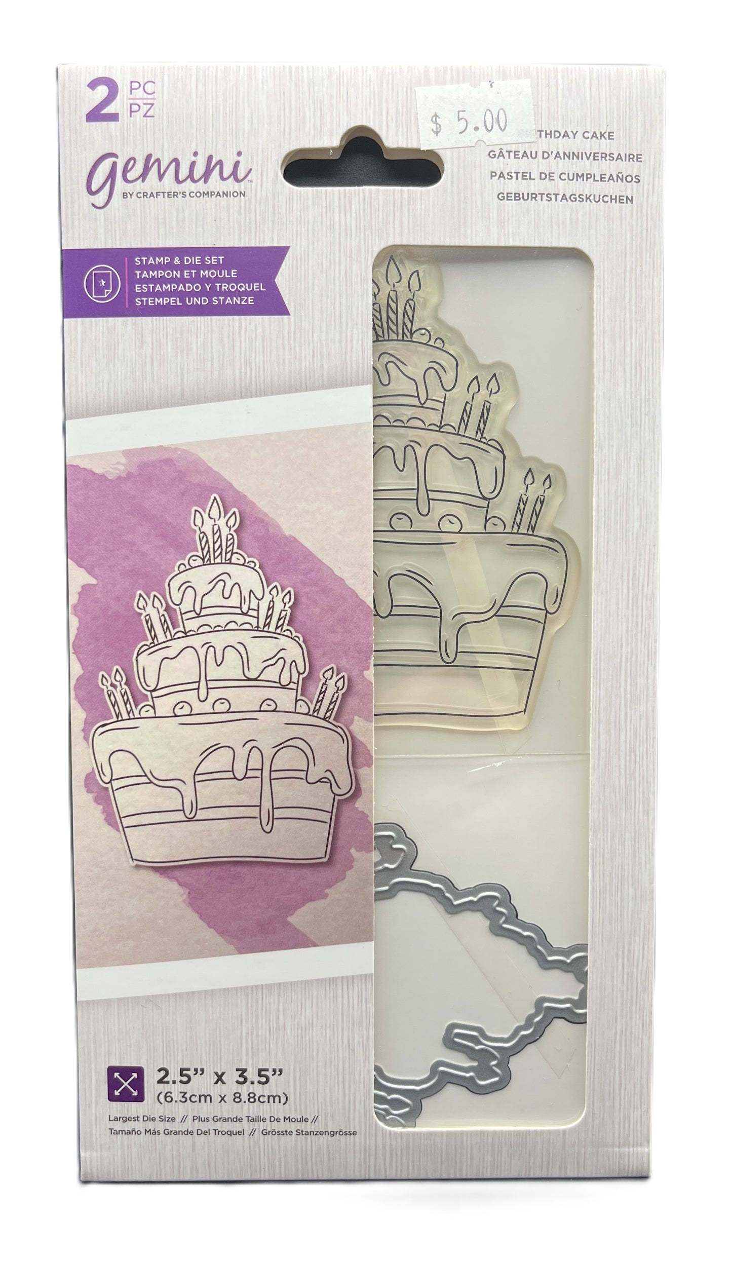 Gemini stamp set packaging with cake design stamps on a white background