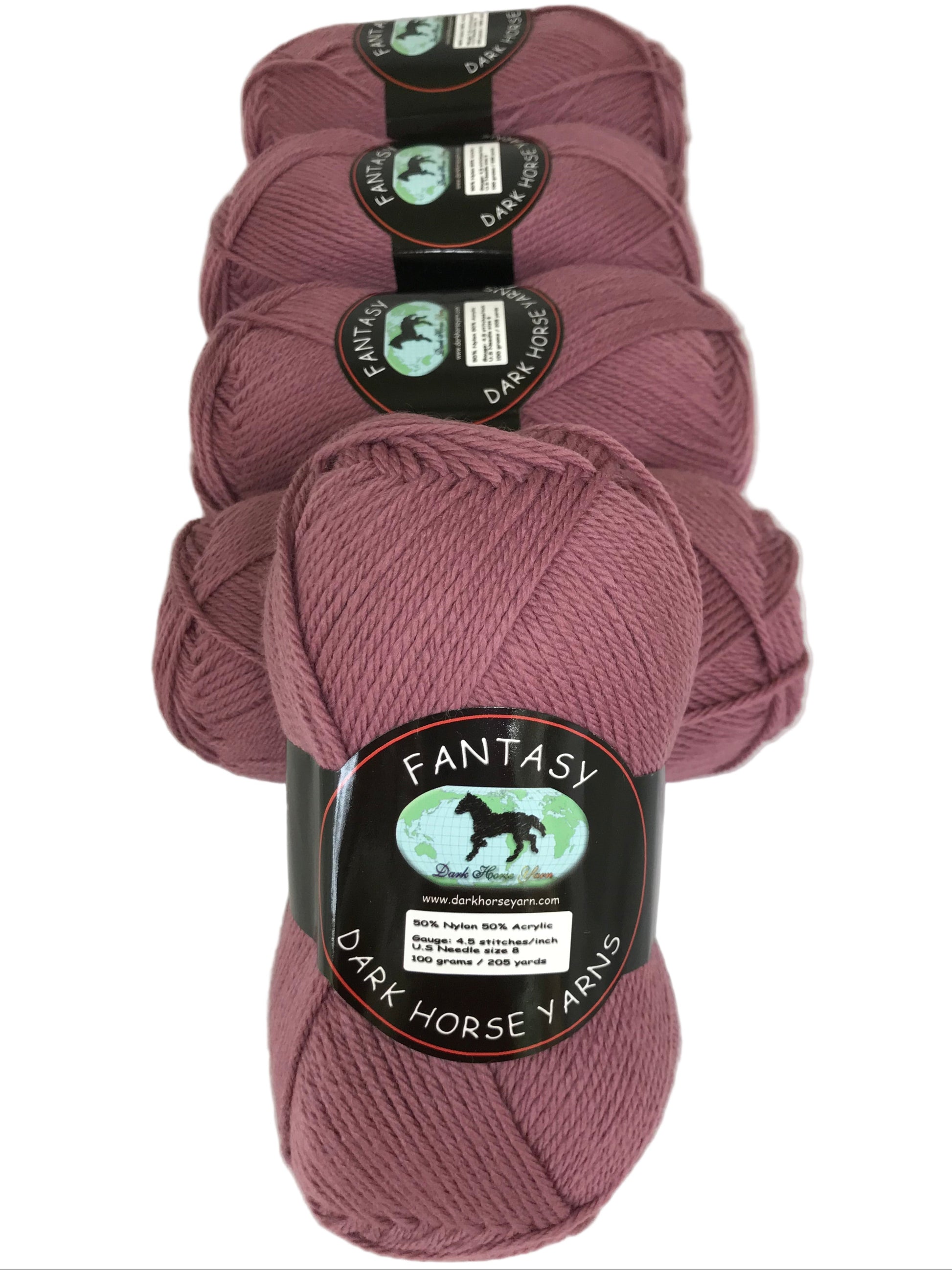 Five skeins of dark pink yarn with 'Fantasy' label on a white background