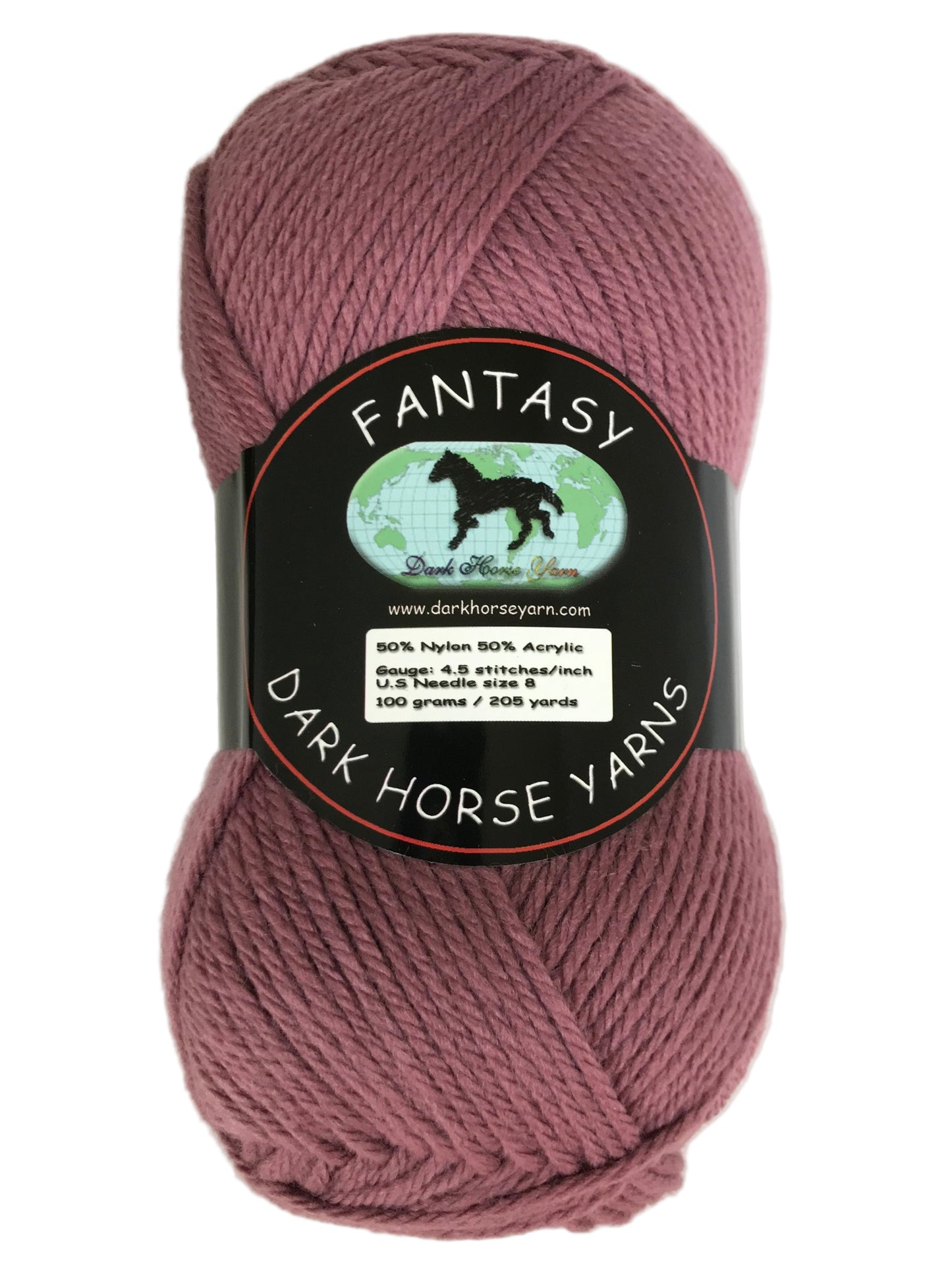 Ball of yarn with 'Fantasy' label from Dark Horse Yarns on a light background