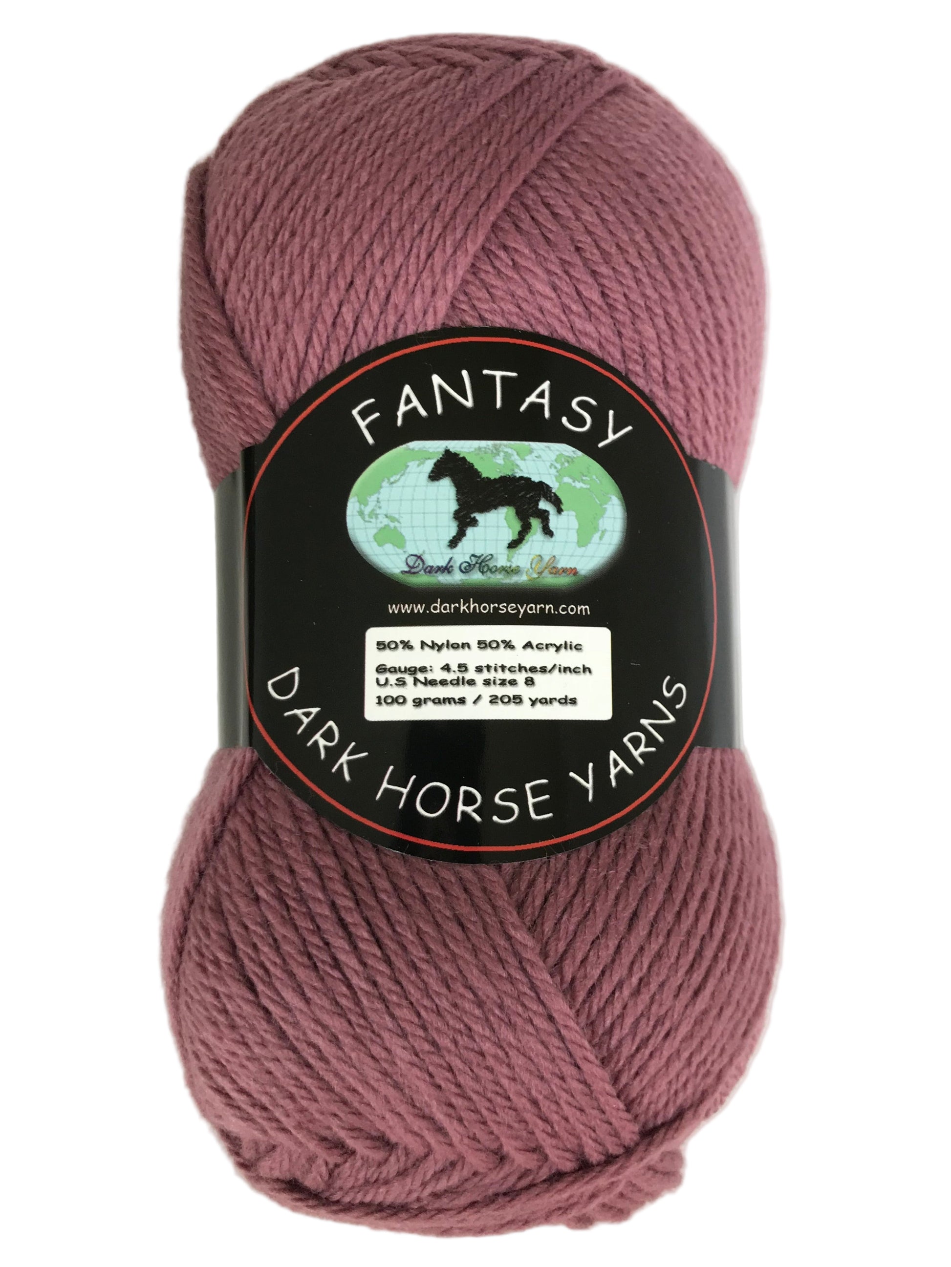 Ball of yarn with 'Fantasy' label from Dark Horse Yarns on a light background