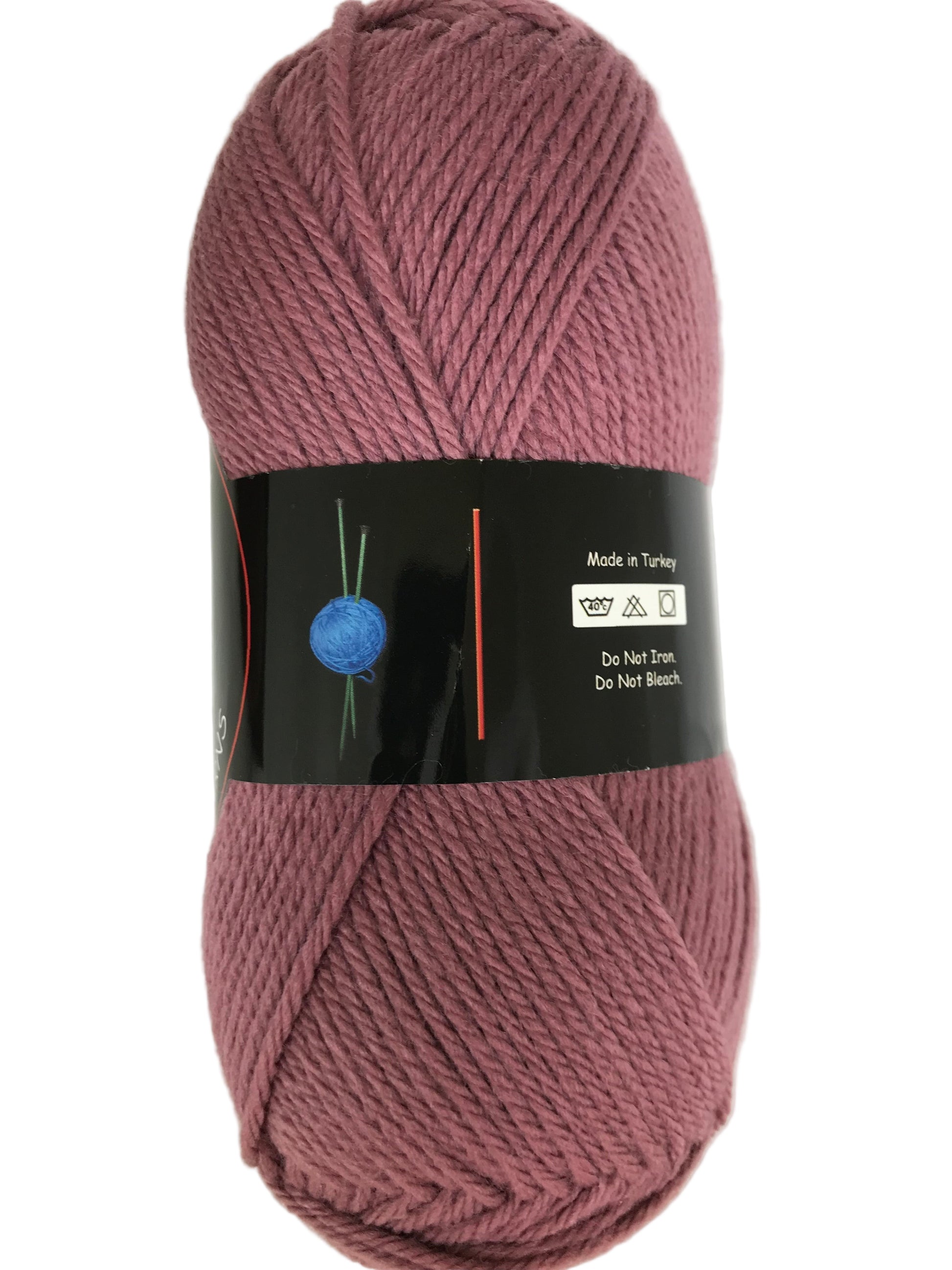 Ball of pink yarn with a label on a white background