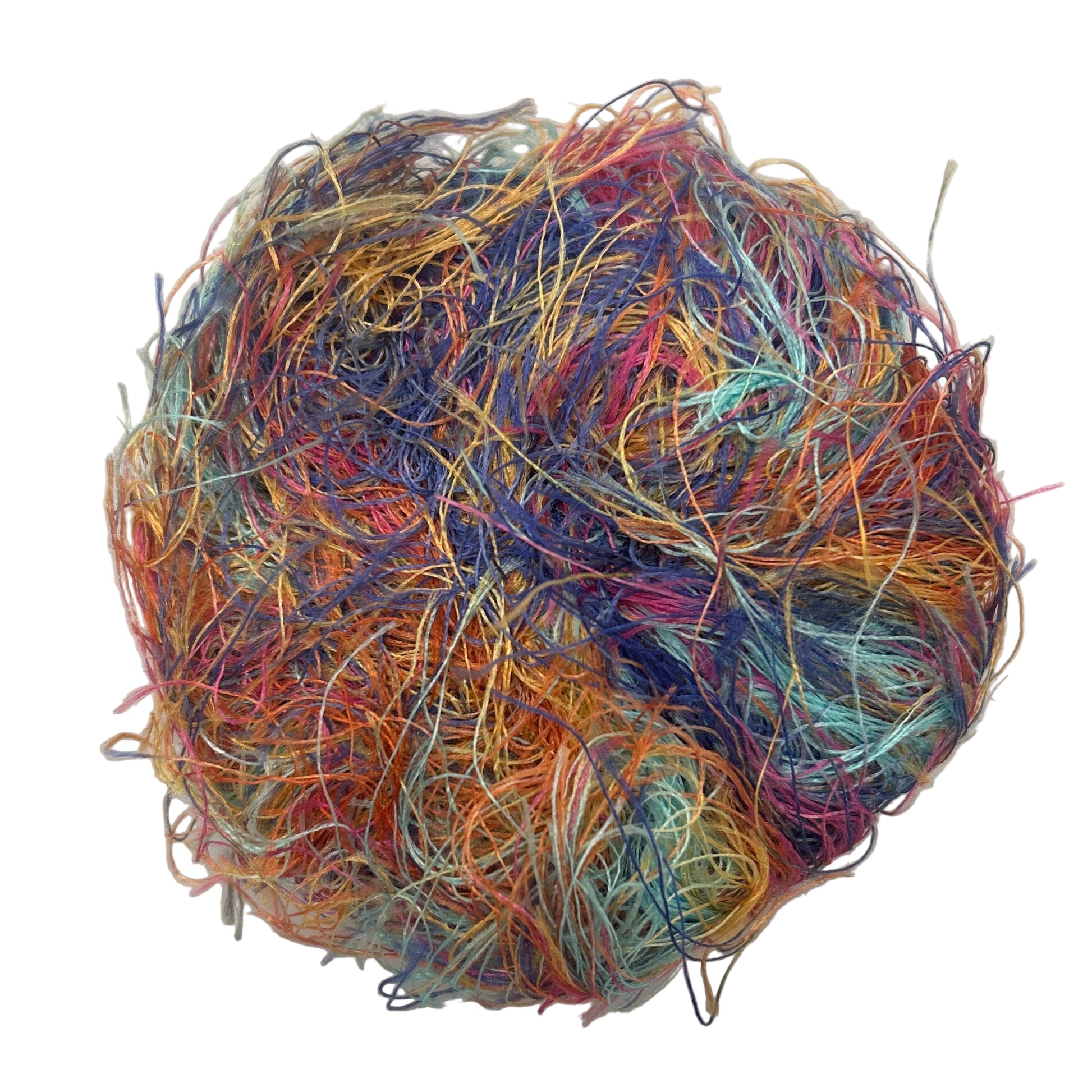 Multicolored skein of yarn on a white background