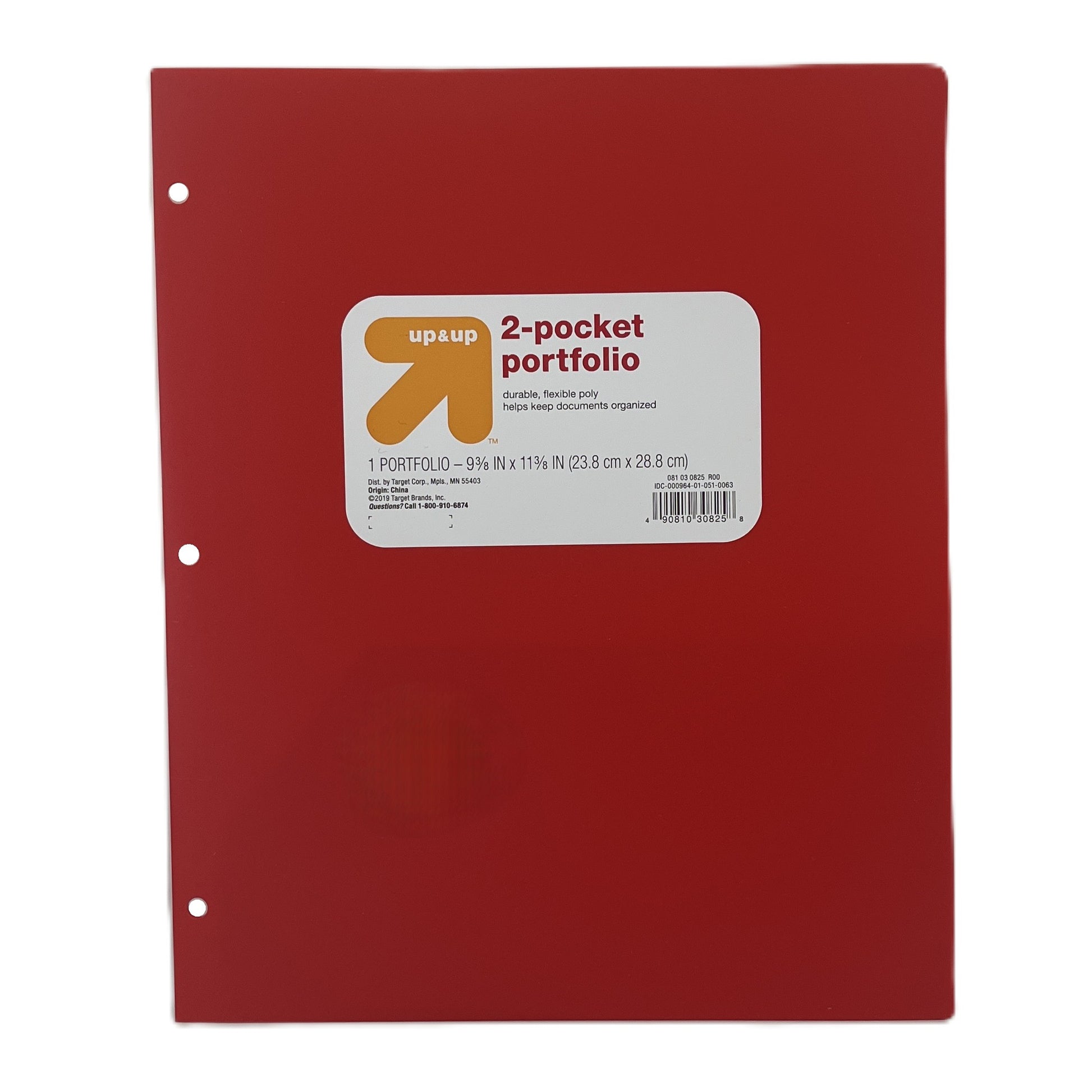 Red two-pocket portfolio with 'up & up' label on a white background