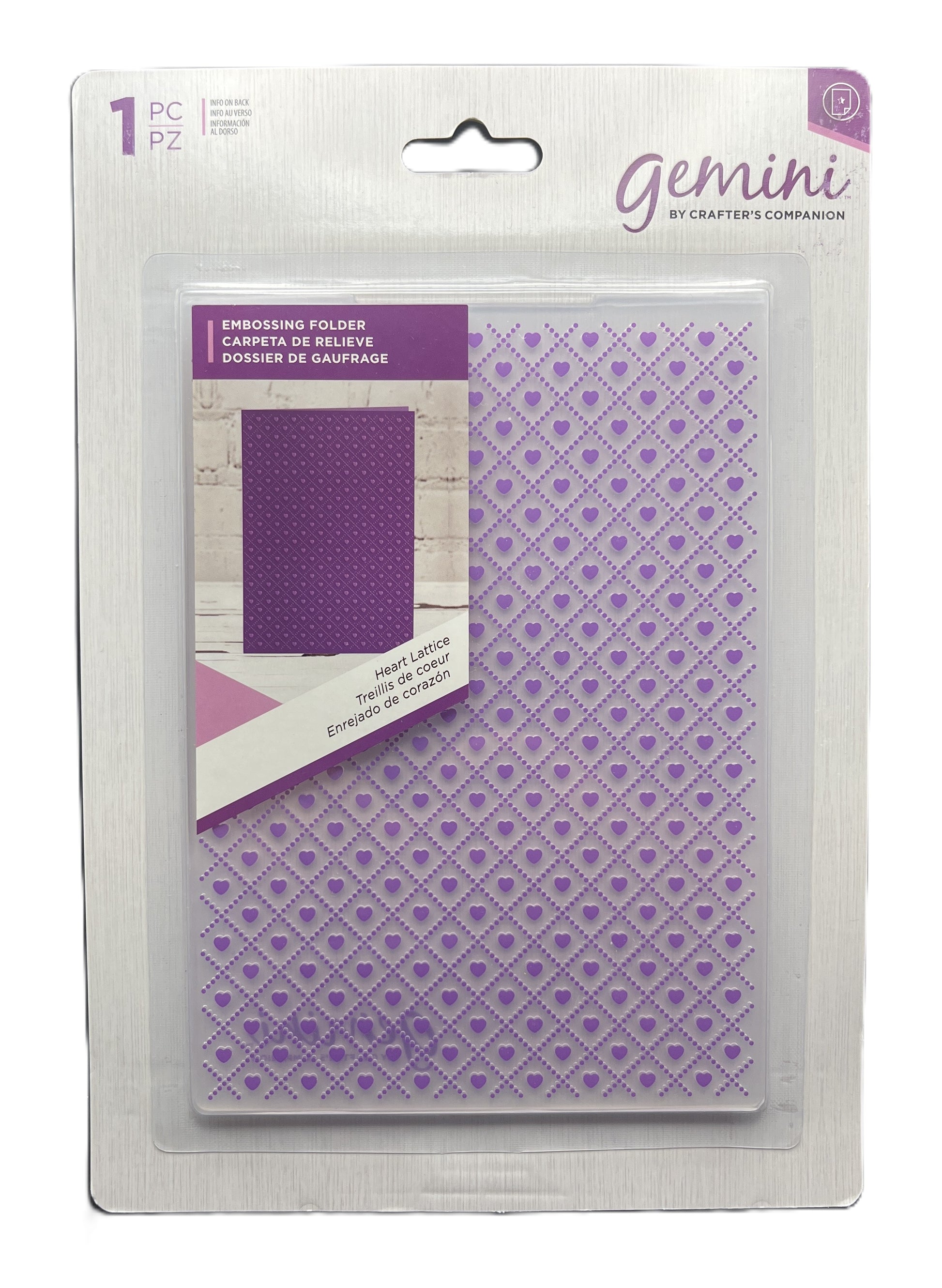 Packaged embossing folder with heart pattern and Gemini branding