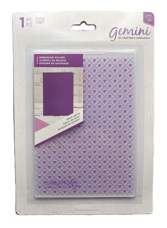 Packaged embossing folder with heart pattern and Gemini branding